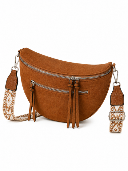 Grand sac banane femme daim camel Bandoulière large - Porte-monnaie inclus