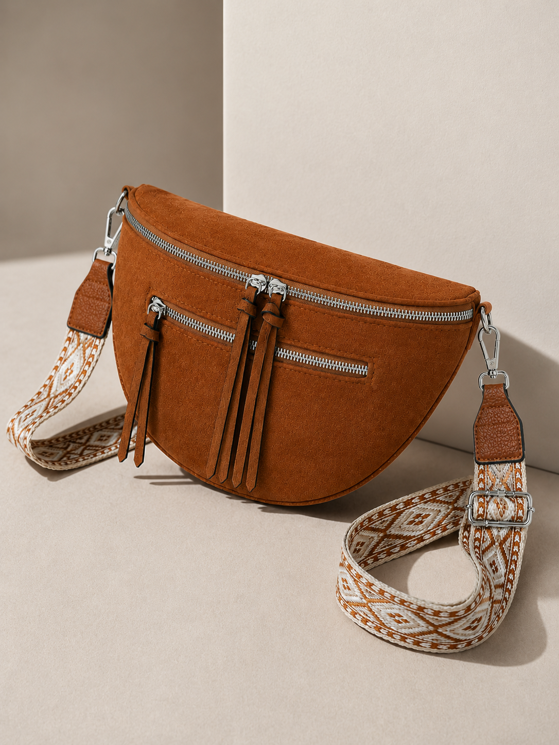Grand sac banane femme daim camel Bandoulière large - Porte-monnaie inclus