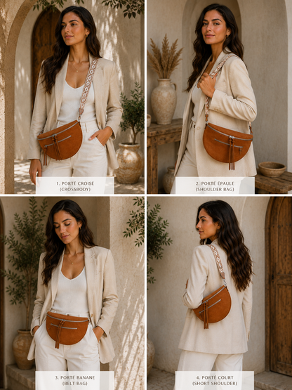 Grand sac banane femme daim camel Bandoulière large - Porte-monnaie inclus