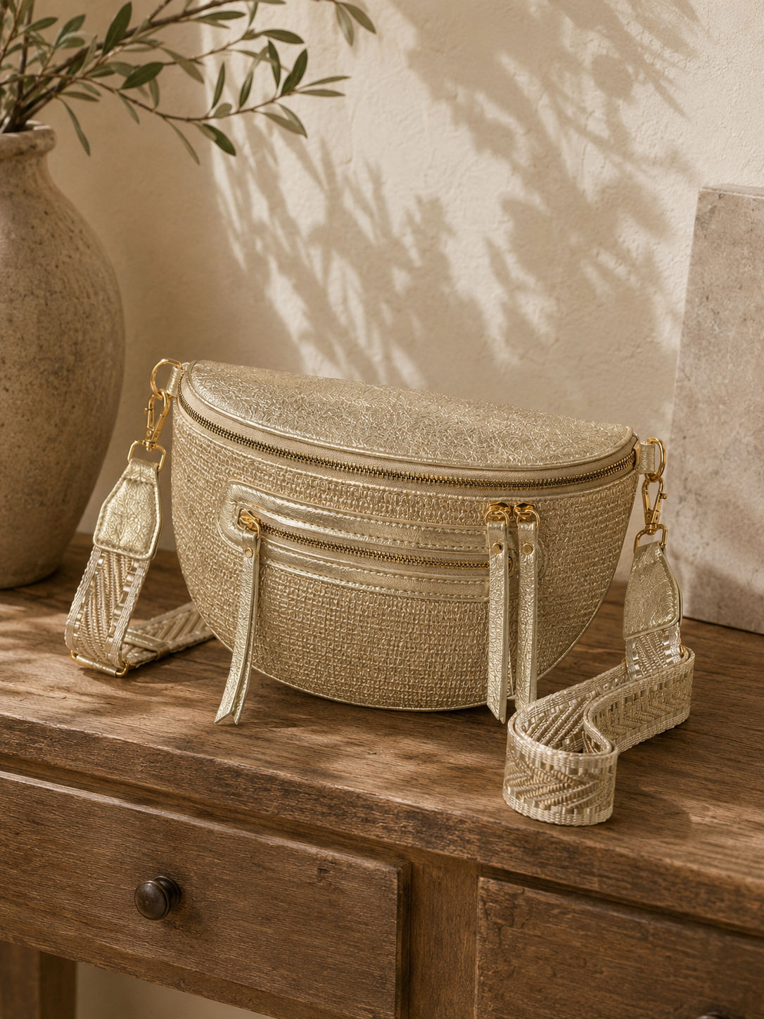Grand sac banane femme doré brillant effet paille Bandoulière large - Porte-monnaie inclus