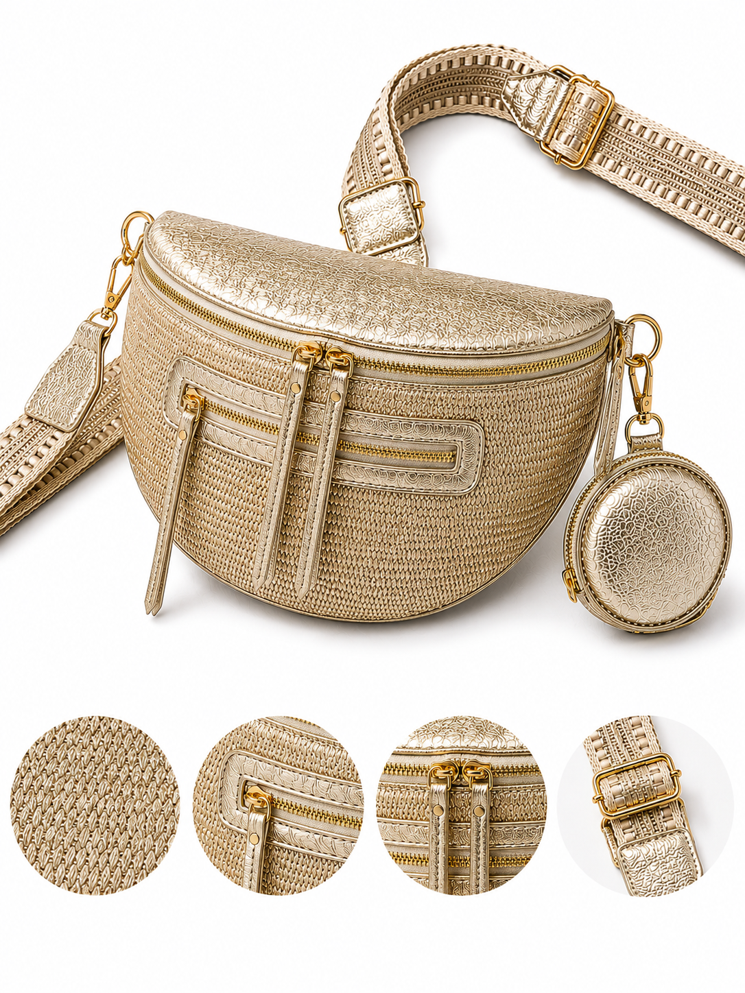 Grand sac banane femme doré brillant effet paille Bandoulière large - Porte-monnaie inclus