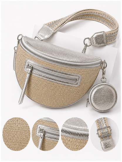 Grand sac banane femme Argenté brillant effet paille Bandoulière large - Porte-monnaie inclus