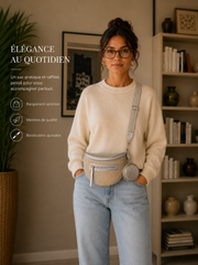 Grand Sac Banane brillant Bi-matière pour Femme – Bandoulière Ajustable, Porte-monnaie Inclus Argenté