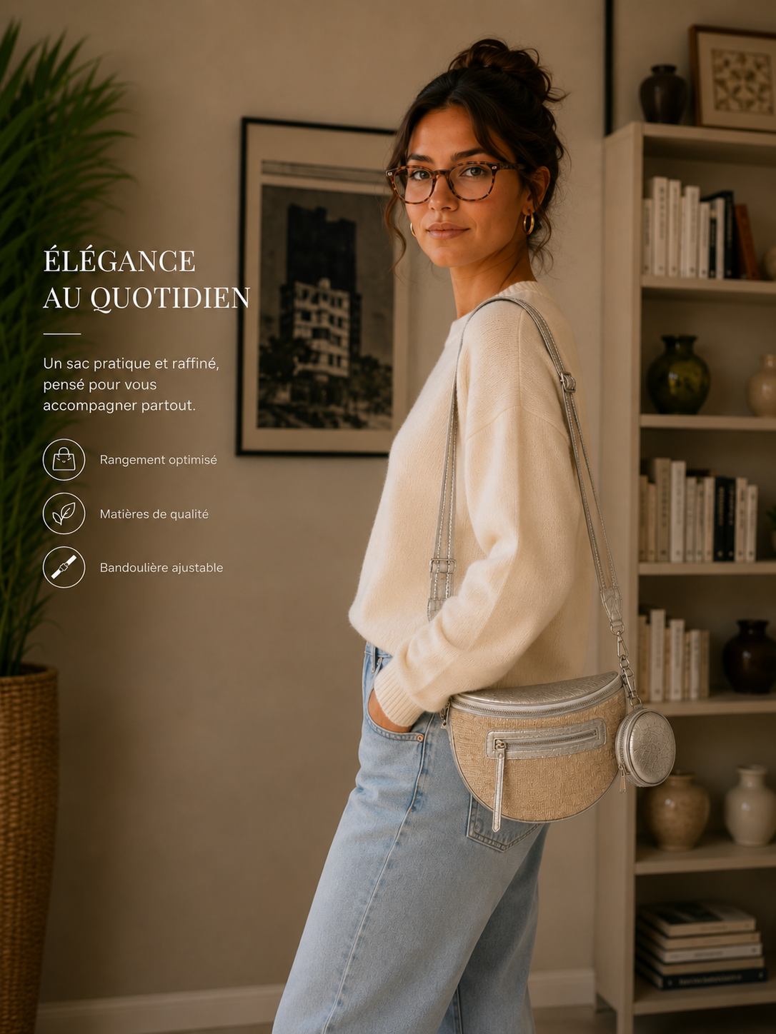 Grand sac banane femme Argenté brillant effet paille Bandoulière large - Porte-monnaie inclus