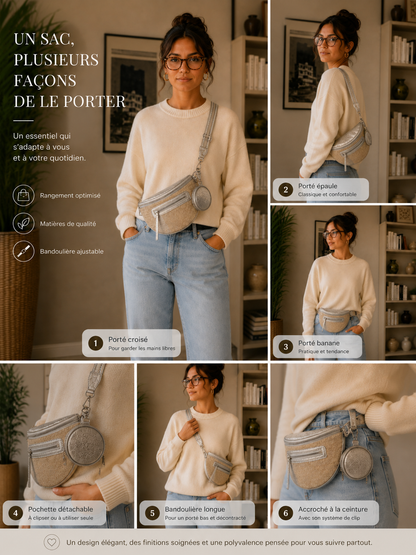 Grand sac banane femme Argenté brillant effet paille Bandoulière large - Porte-monnaie inclus