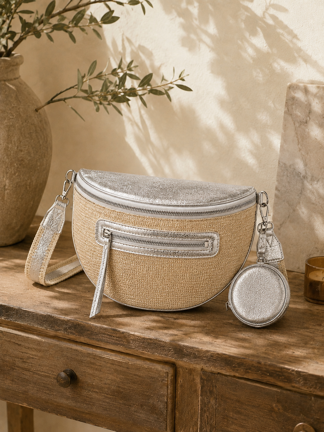 Grand sac banane femme Argenté brillant effet paille Bandoulière large - Porte-monnaie inclus