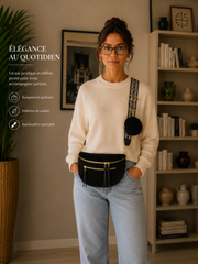 Grand Sac Banane Femme en Velours Côtelé – Bandoulière Ajustable, Porte-monnaie Inclus Noir