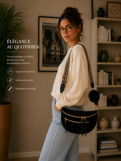 Grand sac banane femme velours côtelé noir Bandoulière large - Porte-monnaie inclus