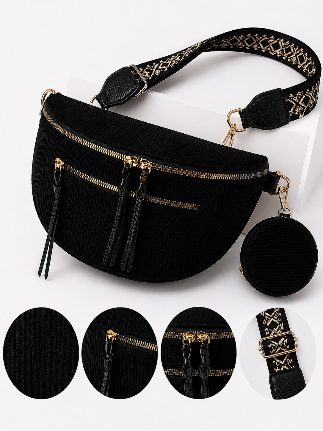 Grand sac banane femme velours côtelé noir Bandoulière large - Porte-monnaie inclus