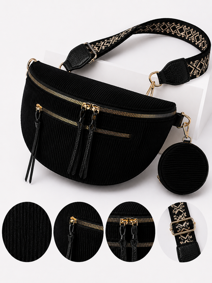 Grand sac banane femme velours côtelé noir Bandoulière large - Porte-monnaie inclus