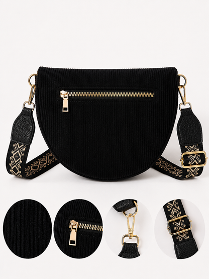 Grand sac banane femme velours côtelé noir Bandoulière large - Porte-monnaie inclus