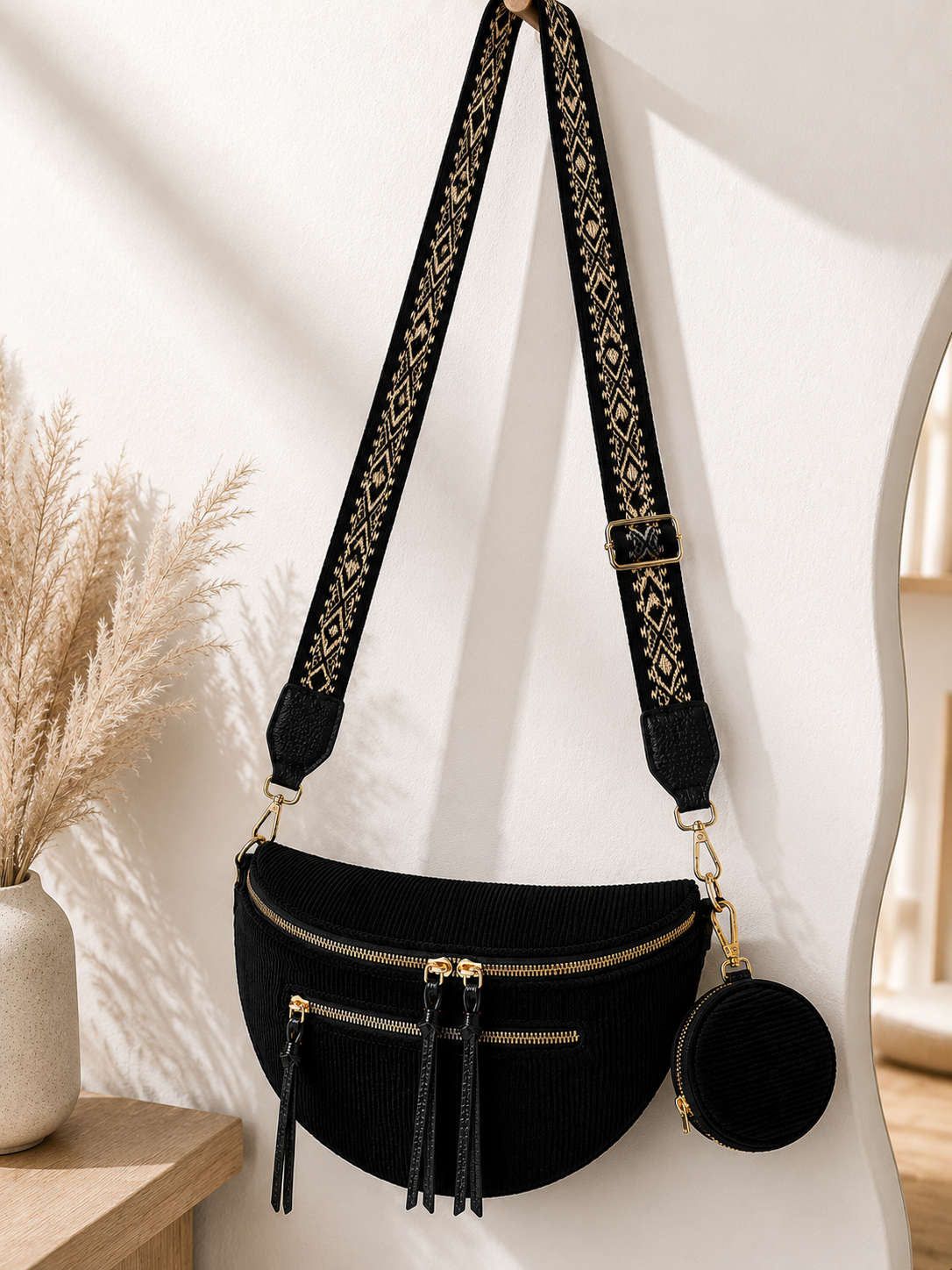 Grand sac banane femme velours côtelé noir Bandoulière large - Porte-monnaie inclus