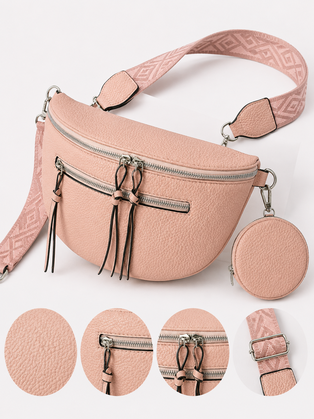 Grand sac banane femme cuir rose Bandoulière large - Porte-monnaie inclus