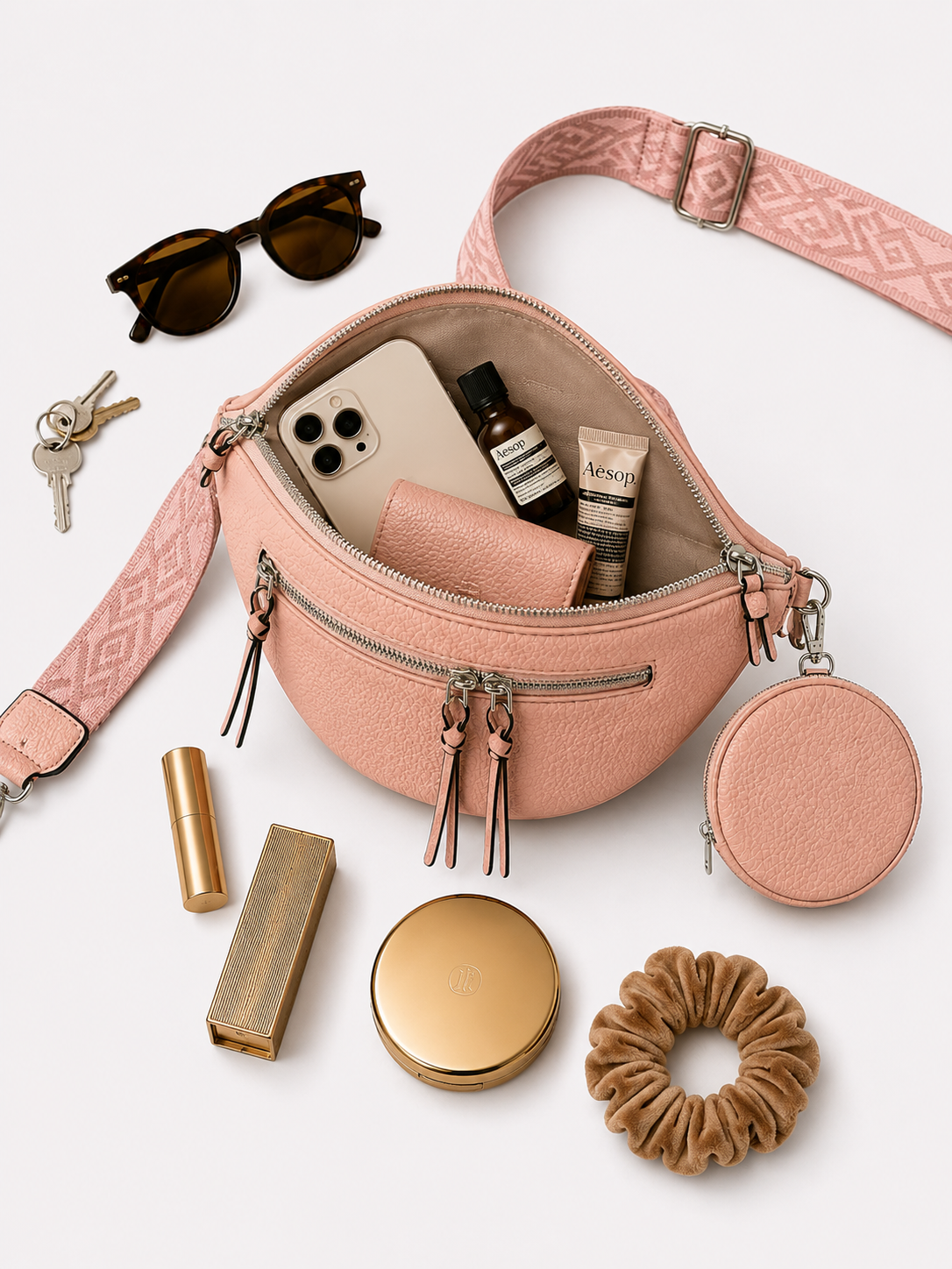 Grand sac banane femme cuir rose Bandoulière large - Porte-monnaie inclus