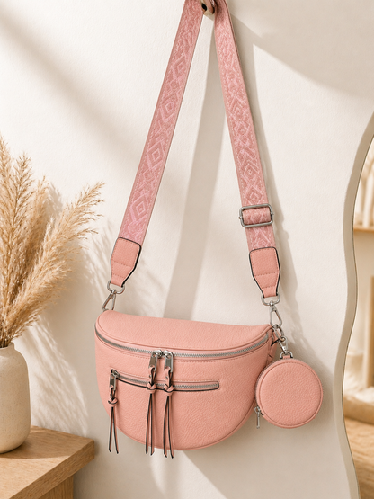 Grand sac banane femme cuir rose Bandoulière large - Porte-monnaie inclus