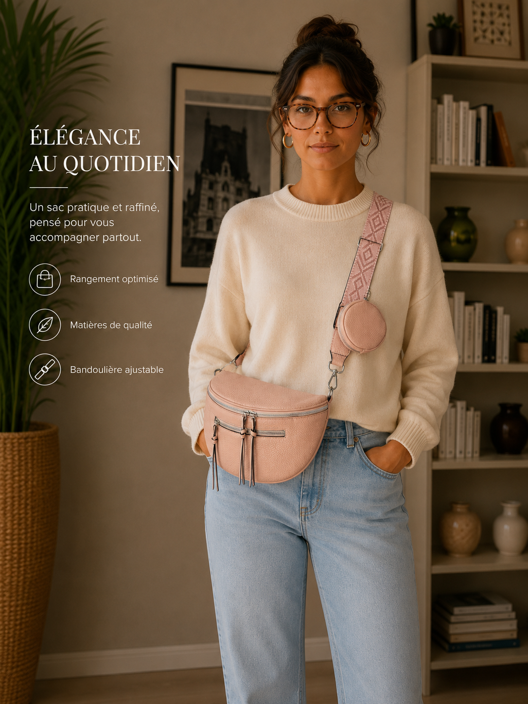 Grand sac banane femme cuir rose Bandoulière large - Porte-monnaie inclus