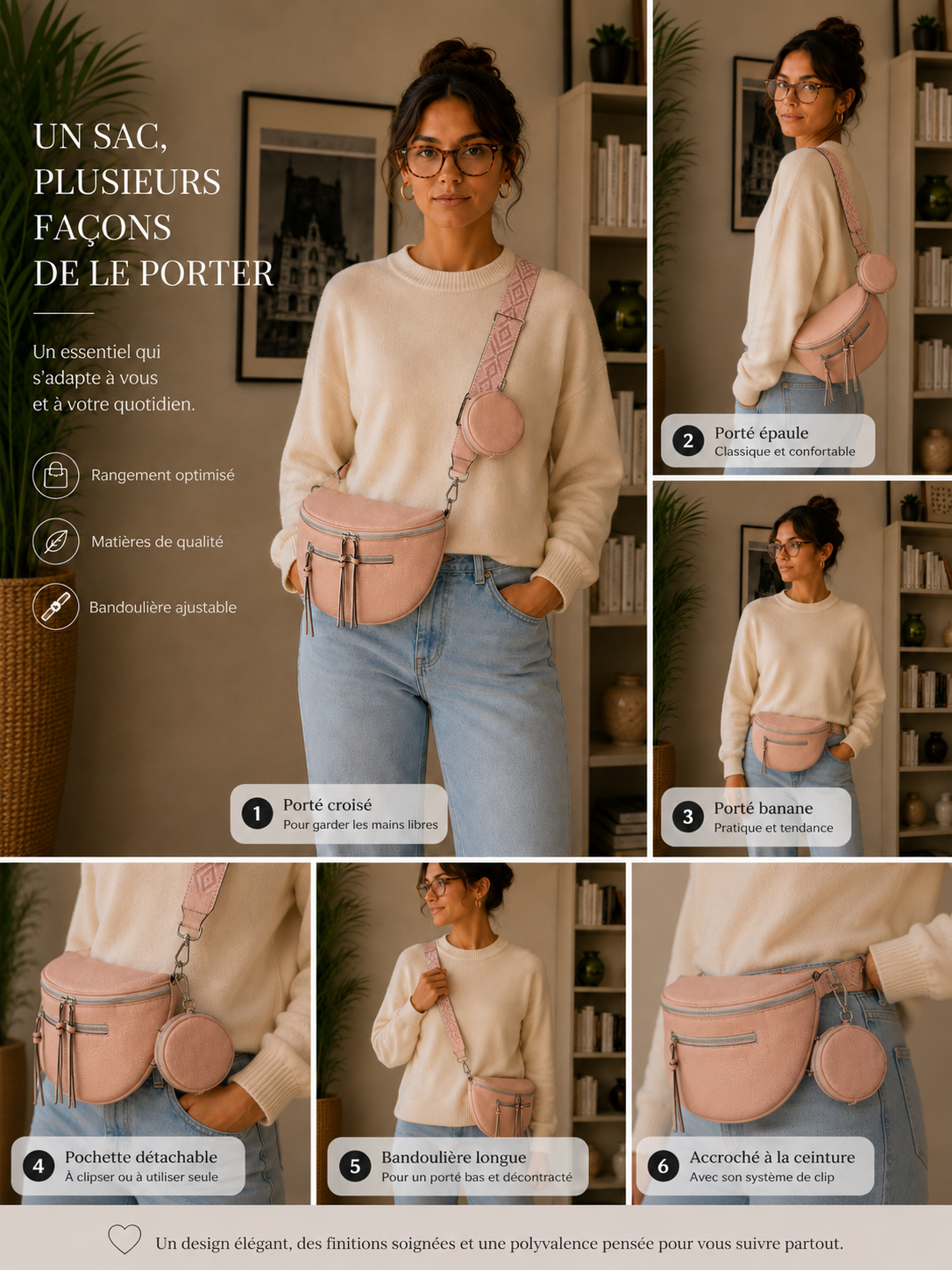 Grand sac banane femme cuir rose Bandoulière large - Porte-monnaie inclus