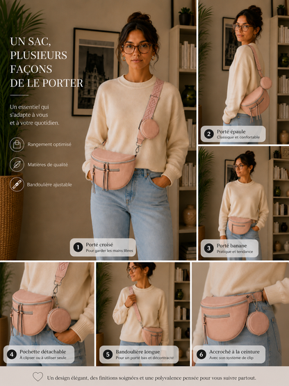 Grand sac banane femme cuir rose Bandoulière large - Porte-monnaie inclus