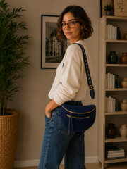 Grand Sac Banane Femme en Velours Côtelé – Bandoulière Ajustable, Porte-monnaie Inclus Bleu pétrole