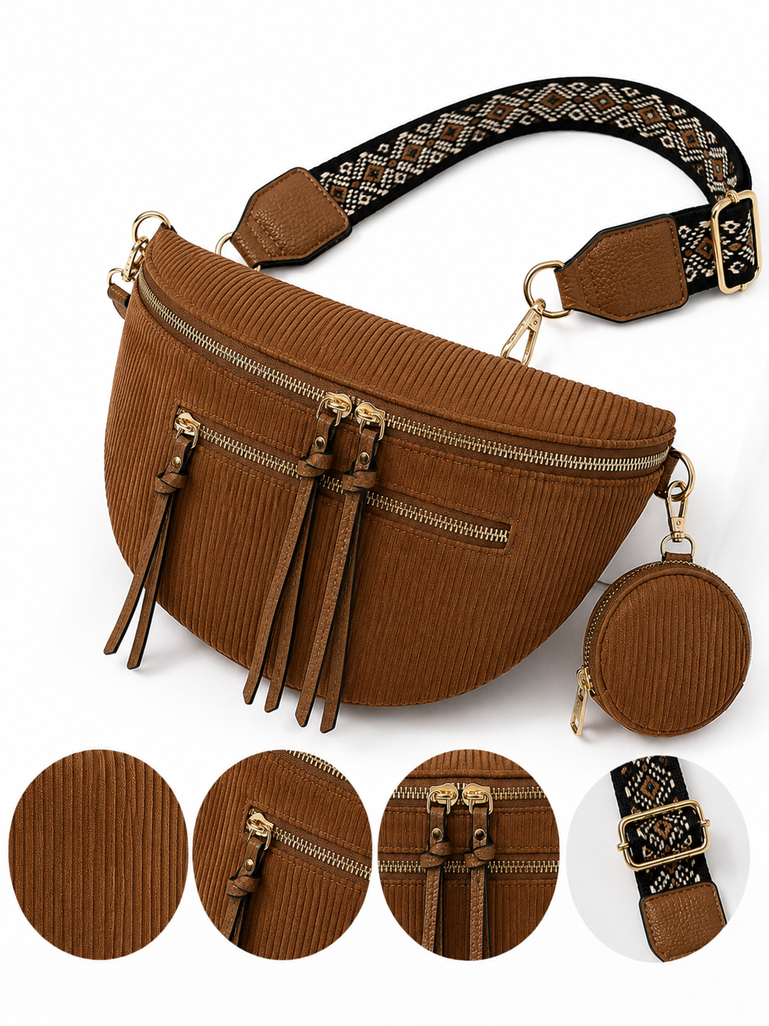 Grand Sac Banane Femme en Velours Côtelé – Bandoulière Ajustable, Porte-monnaie Inclus Marron caramel