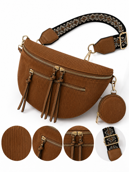 Grand Sac Banane Femme en Velours Côtelé – Bandoulière Ajustable, Porte-monnaie Inclus Marron caramel