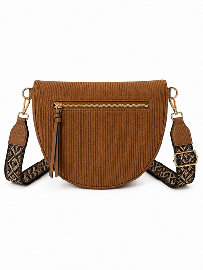Grand Sac Banane Femme en Velours Côtelé – Bandoulière Ajustable, Porte-monnaie Inclus Marron caramel