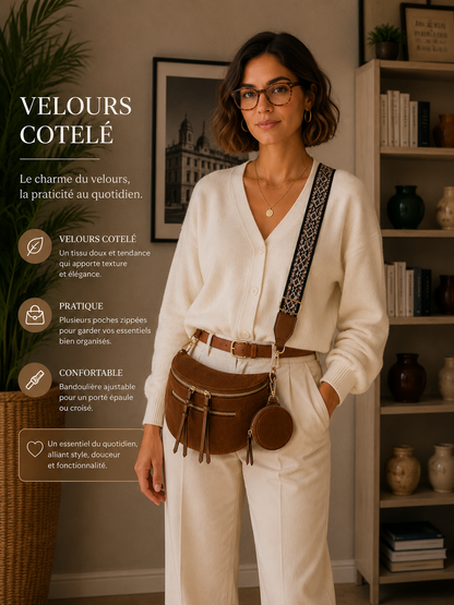 Grand Sac Banane Femme en Velours Côtelé – Bandoulière Ajustable, Porte-monnaie Inclus Marron caramel