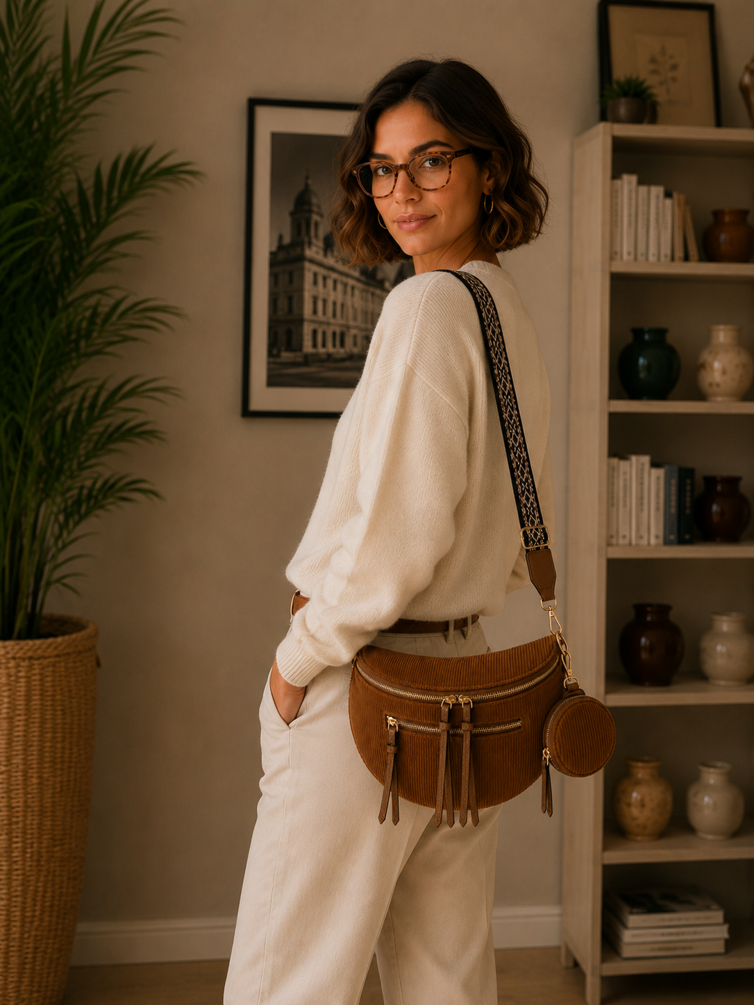 Grand Sac Banane Femme en Velours Côtelé – Bandoulière Ajustable, Porte-monnaie Inclus Marron caramel