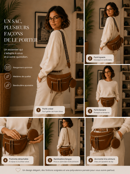 Grand Sac Banane Femme en Velours Côtelé – Bandoulière Ajustable, Porte-monnaie Inclus Marron caramel