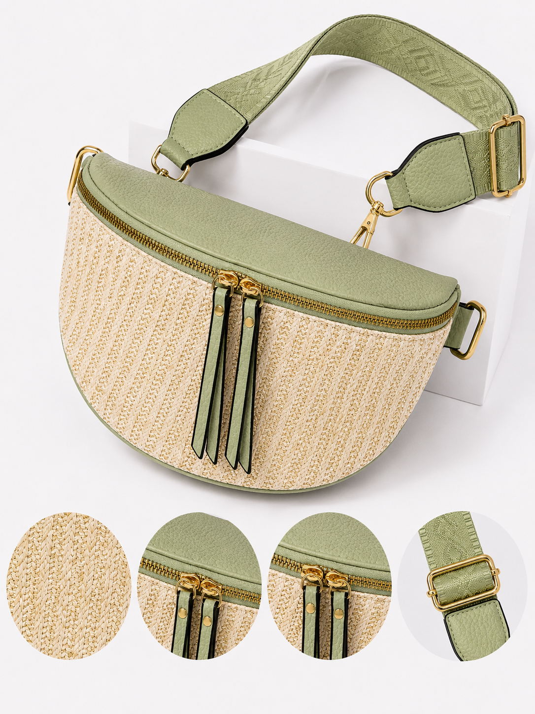 Grand sac banane femme vert effet paille Bandoulière large