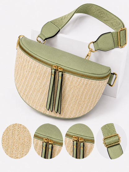 Grand sac banane femme vert effet paille Bandoulière large