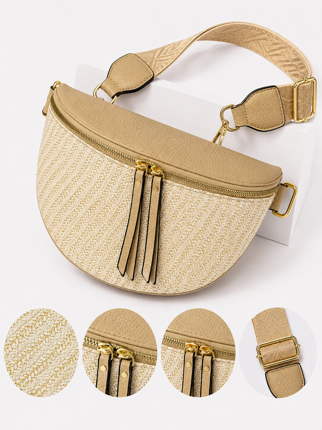 Grand sac banane femme Beige effet paille Bandoulière large