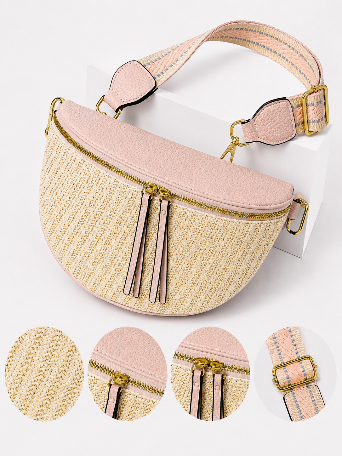 Grand sac banane femme rose effet paille Bandoulière large