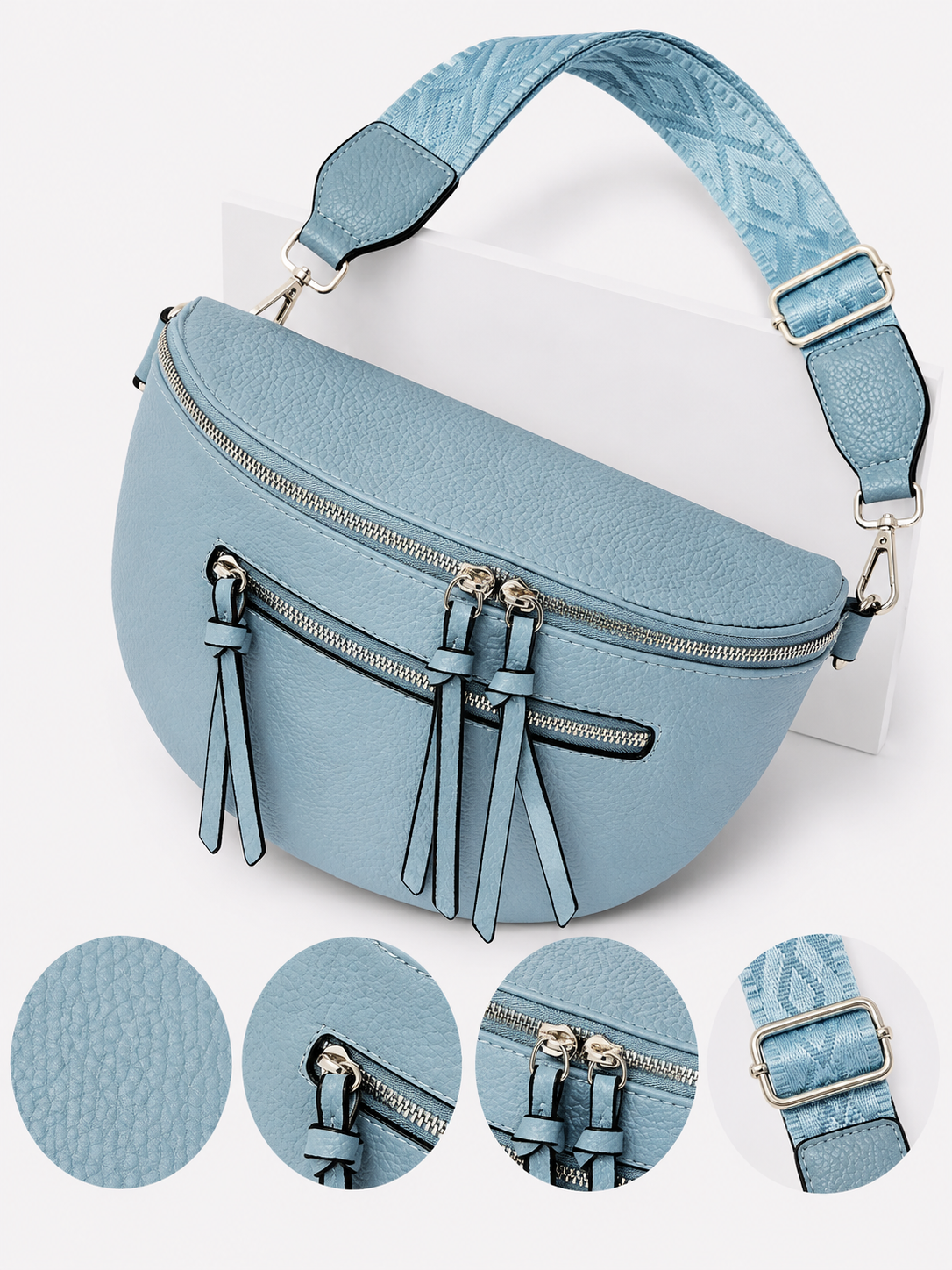 Grand sac banane femme Cuir bleu ciel Bandoulière large - Porte-monnaie inclus
