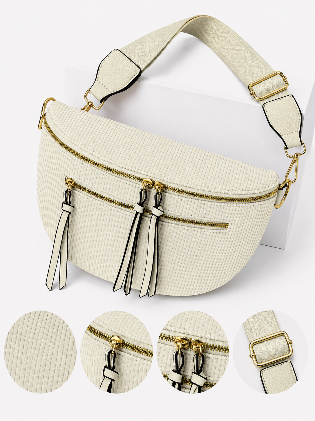 Grand sac banane femme velours côtelé crème Bandoulière large