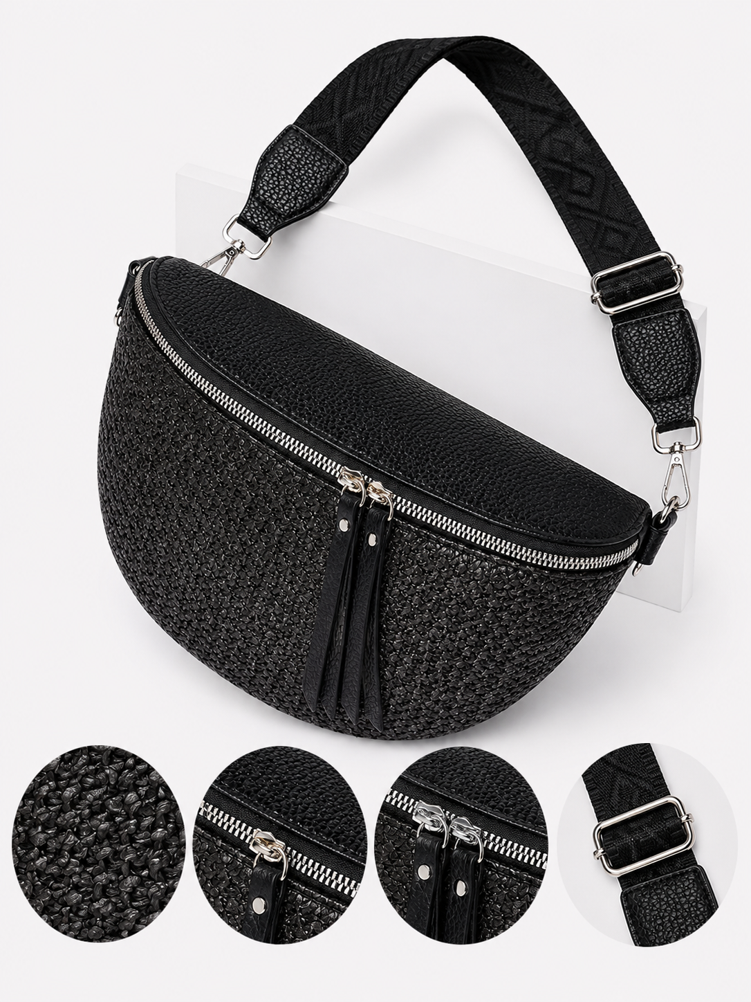 Grand sac banane femme noir effet paille Bandoulière large - Porte-monnaie inclus