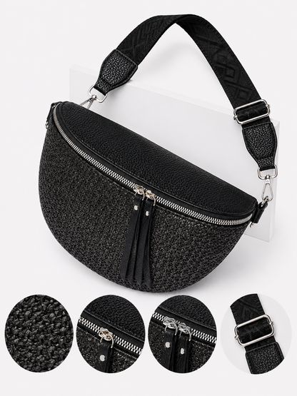 Grand sac banane femme noir effet paille Bandoulière large - Porte-monnaie inclus