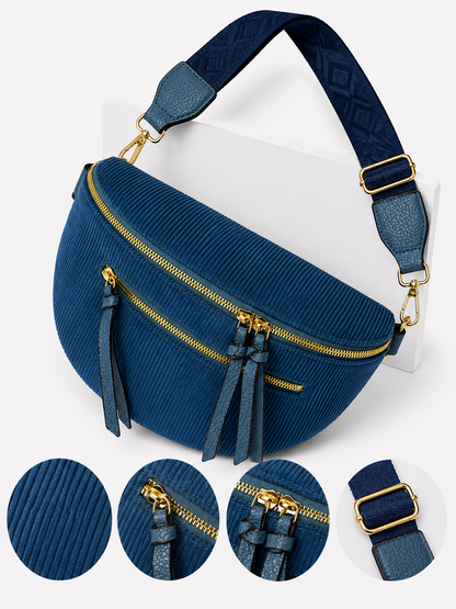 Grand sac banane femme velours côtelé bleu turquoise Bandoulière large - Porte-monnaie inclus