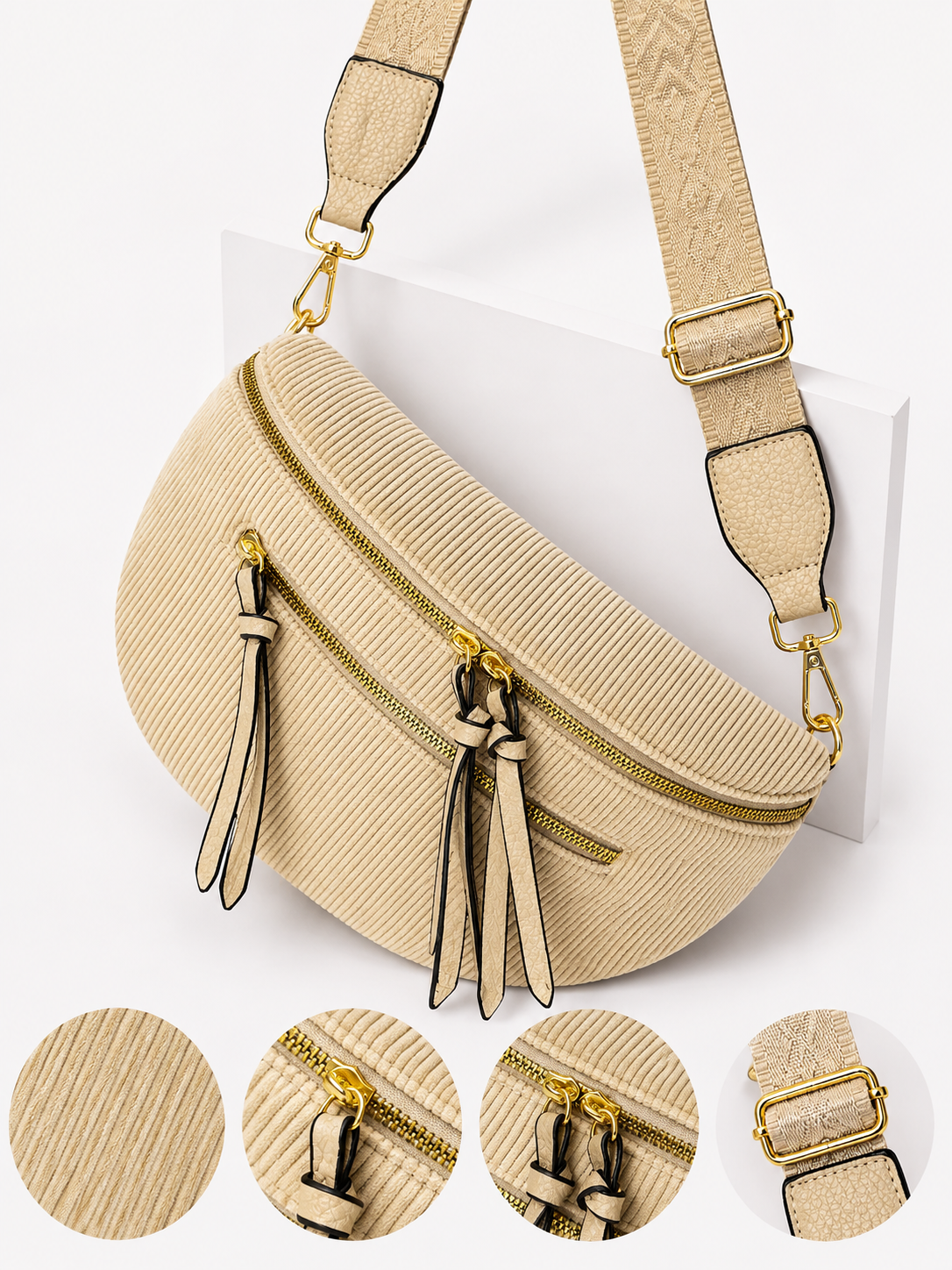 Grand sac banane femme Velours côtelé beige sablé Bandoulière large