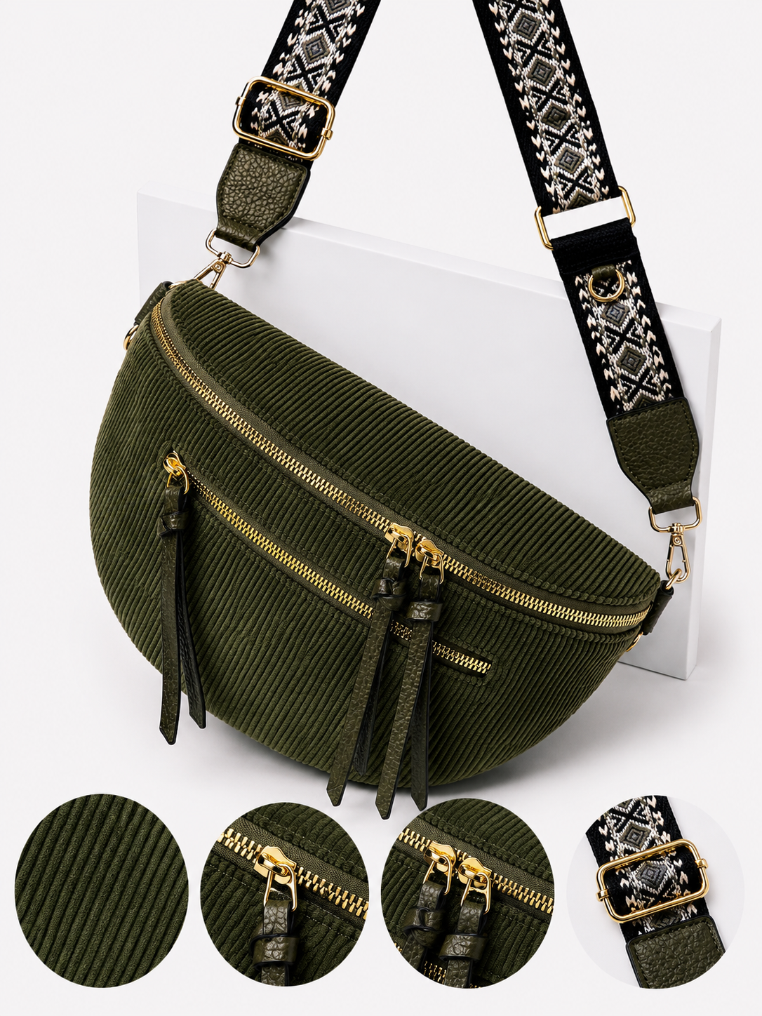 Grand sac banane femme velours côtelé vert kaki Bandoulière large - Porte-monnaie inclus