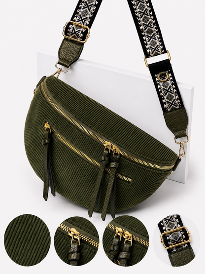 Grand sac banane femme velours côtelé vert kaki Bandoulière large - Porte-monnaie inclus