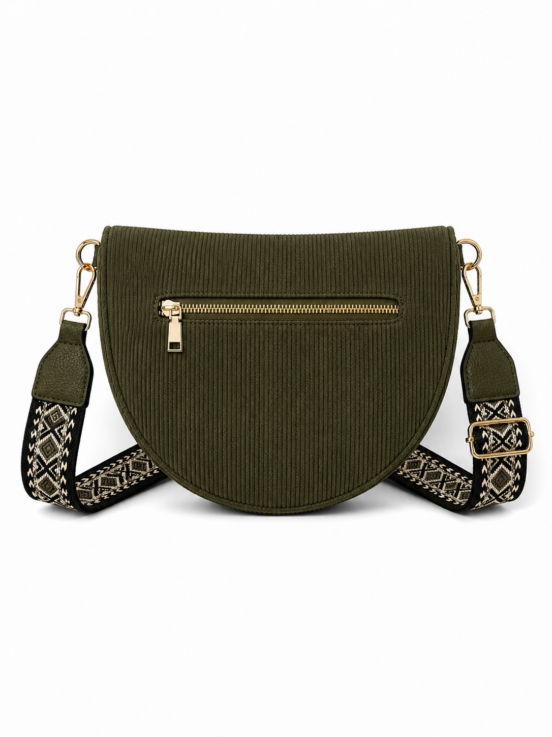 Grand sac banane femme velours côtelé vert kaki Bandoulière large - Porte-monnaie inclus