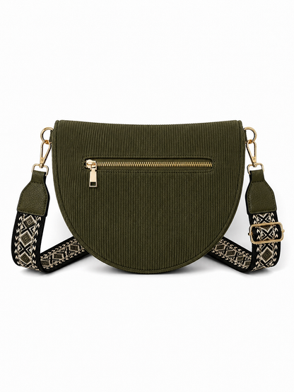 Grand sac banane femme velours côtelé vert kaki Bandoulière large - Porte-monnaie inclus