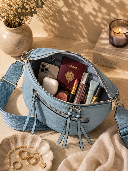 Grand sac banane femme Cuir bleu ciel Bandoulière large - Porte-monnaie inclus