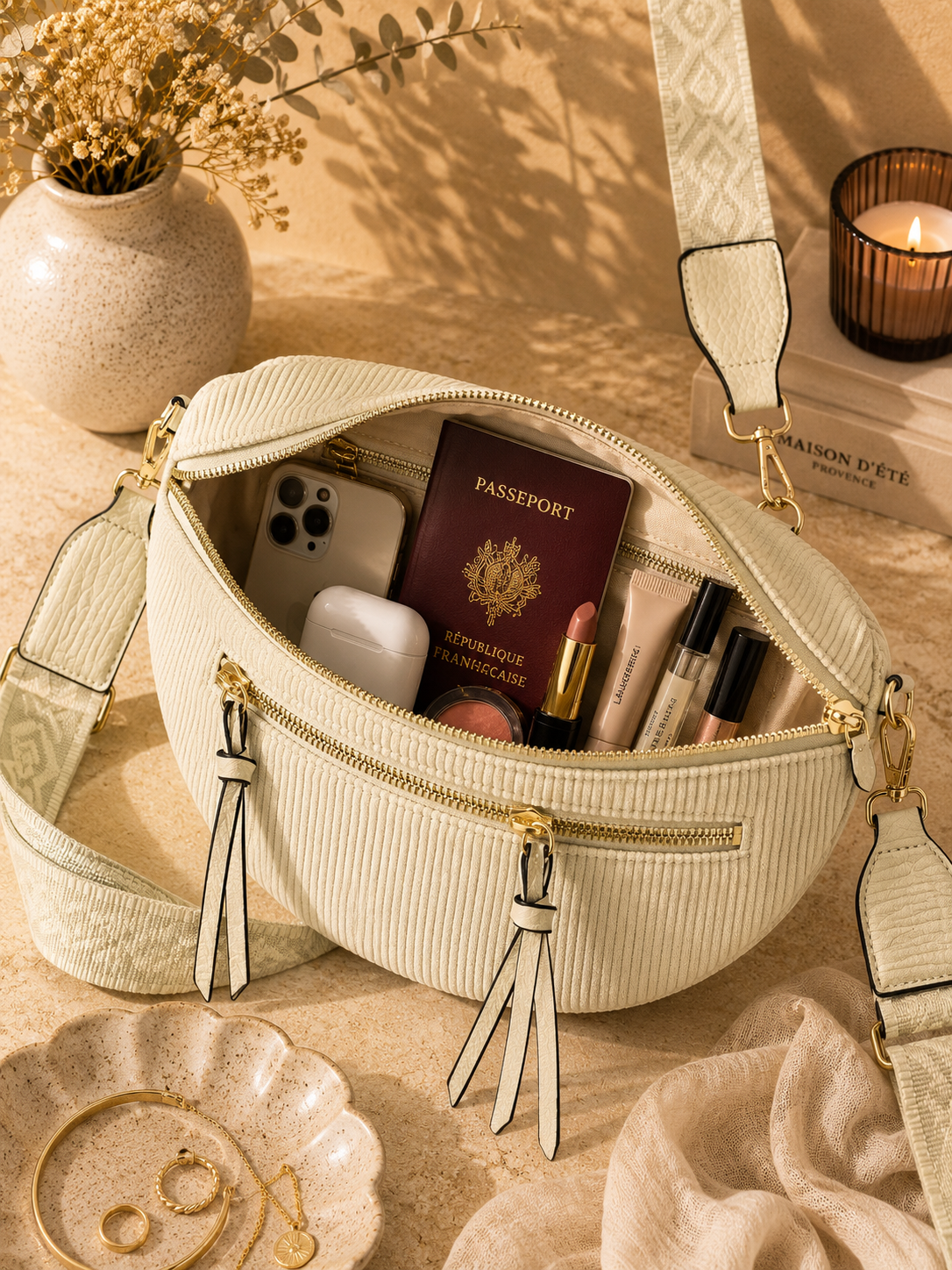 Grand sac banane femme velours côtelé crème Bandoulière large