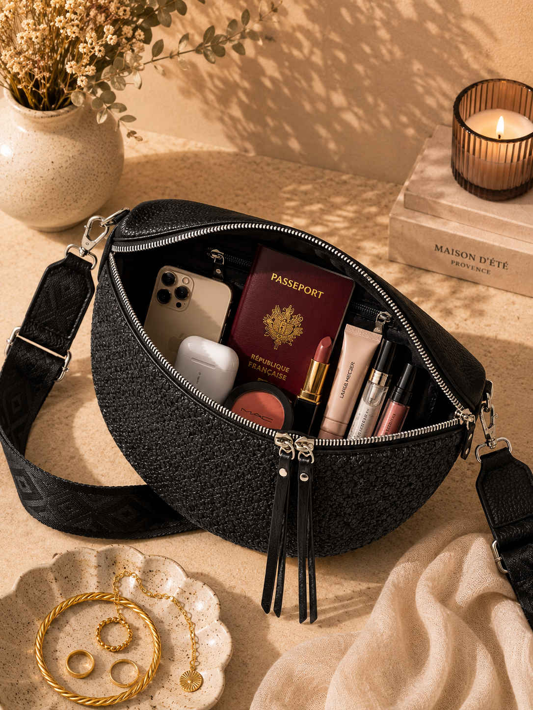 Grand sac banane femme noir effet paille Bandoulière large - Porte-monnaie inclus