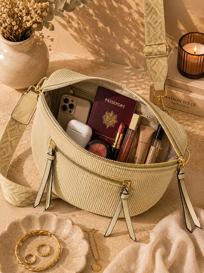 Grand sac banane femme Velours côtelé beige sablé Bandoulière large