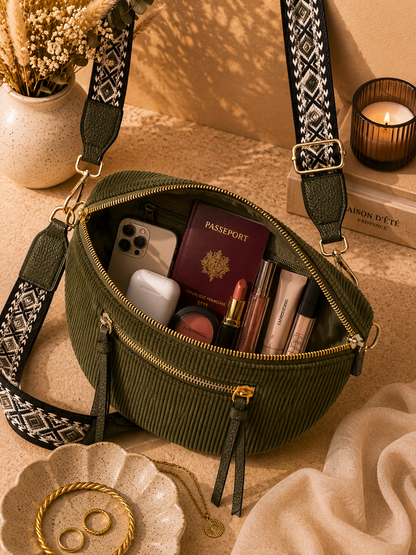 Grand sac banane femme velours côtelé vert kaki Bandoulière large - Porte-monnaie inclus