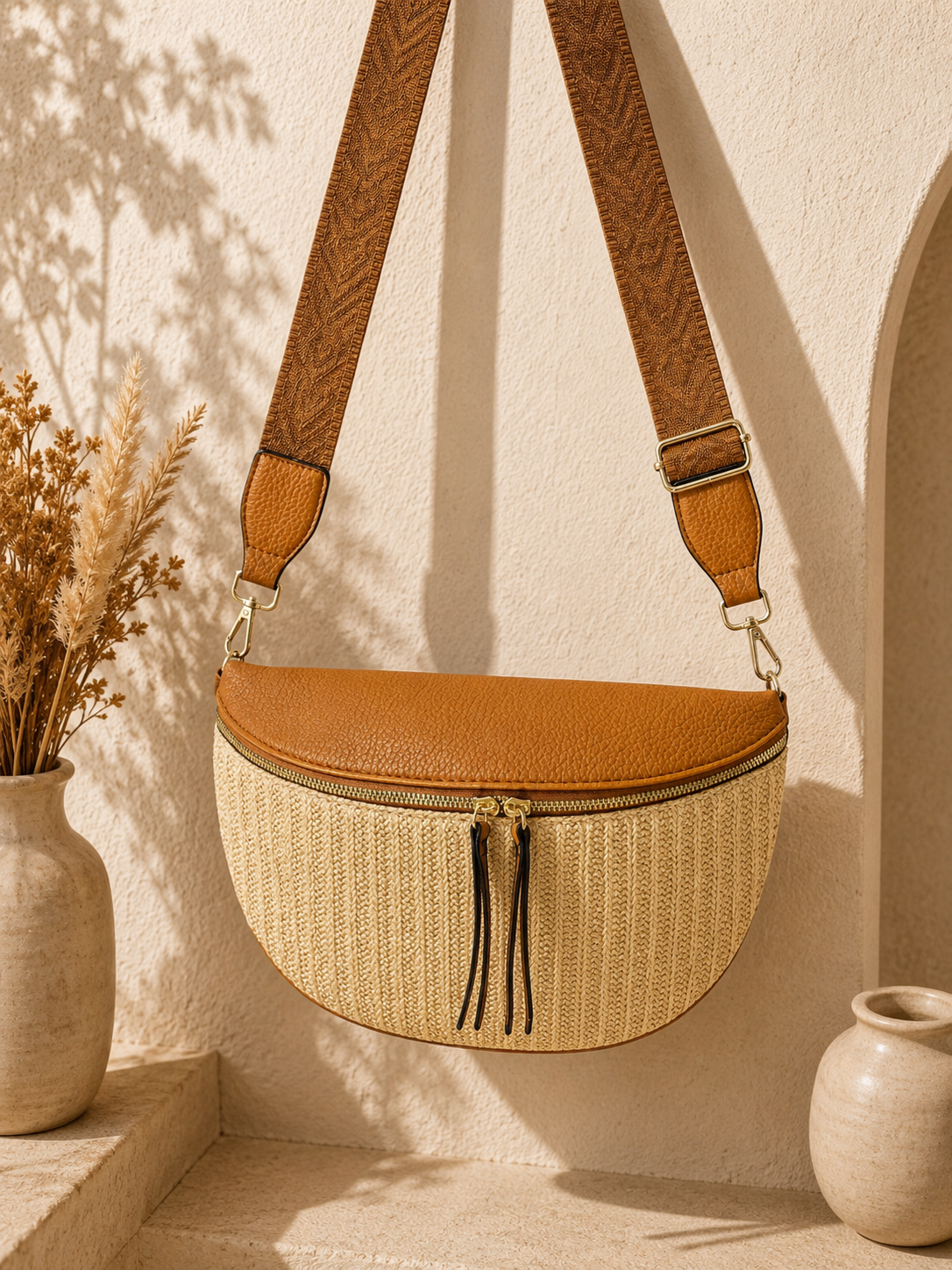 Grand sac banane femme Marron effet paille Bandoulière large