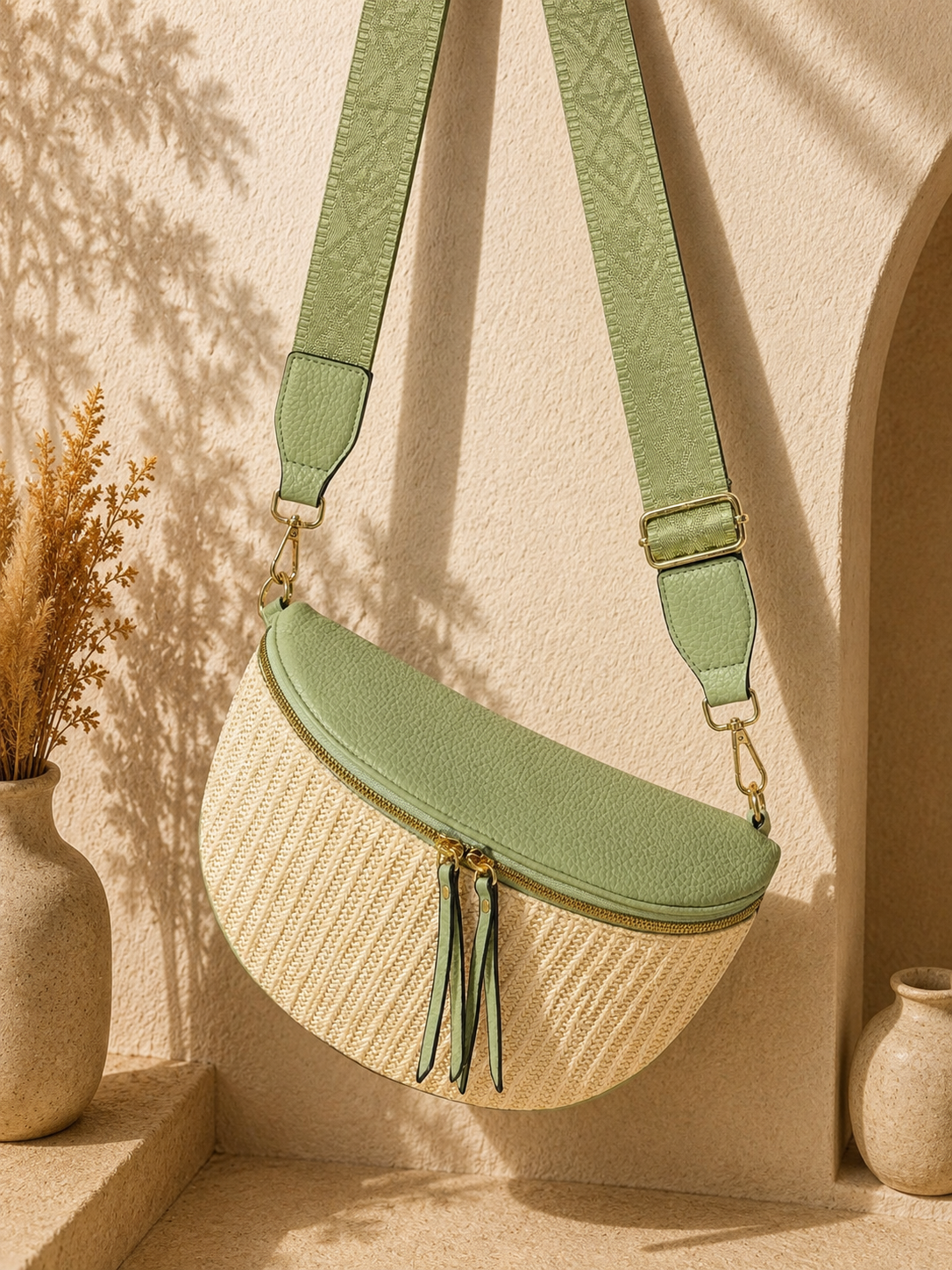 Grand sac banane femme vert effet paille Bandoulière large